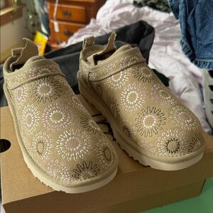 UGG Tan Ankle Boots with Floral Embroidery